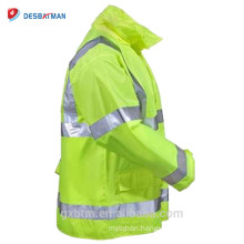 Lime Yellow Hi Vis ANSI Reflective Tape Hood Waterproof Safety Hooded Rain Jacket Traffic High Visibility Raincoat